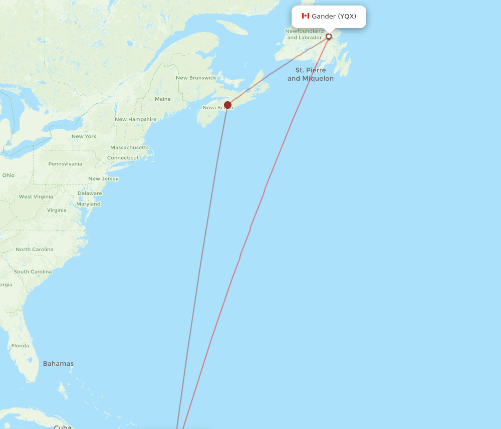 YQX to PUJ flights and routes map