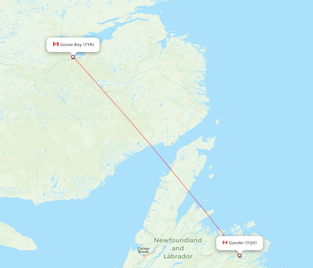 YQX to YYR flights and routes map
