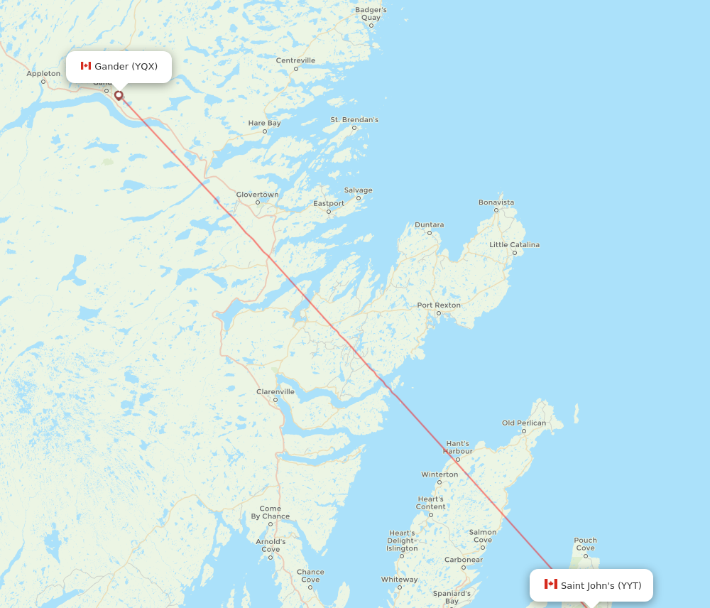 YQX to YYT flights and routes map