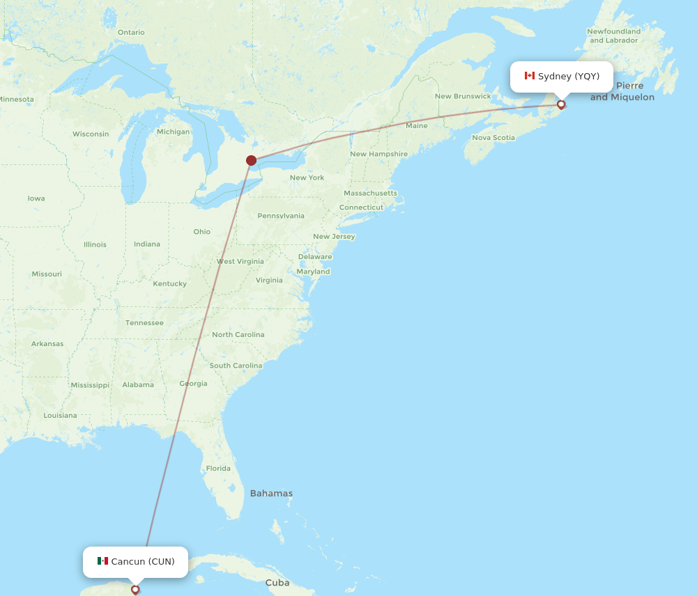 YQY to CUN flights and routes map