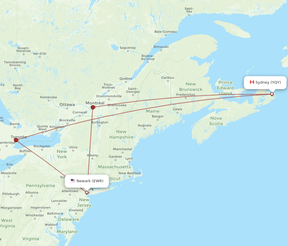 YQY to EWR flights and routes map