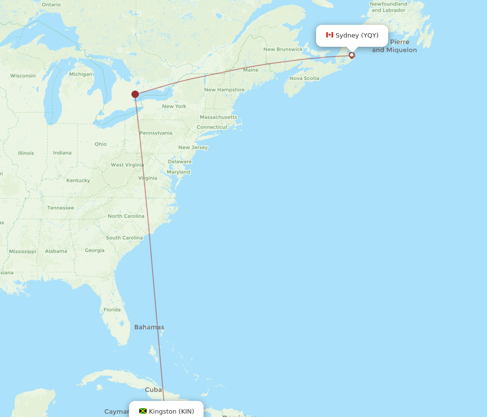YQY to KIN flights and routes map