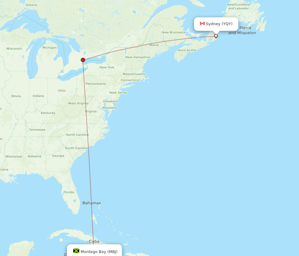 YQY to MBJ flights and routes map