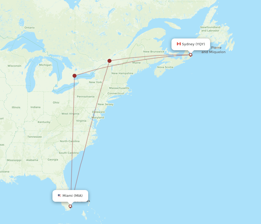 YQY to MIA flights and routes map