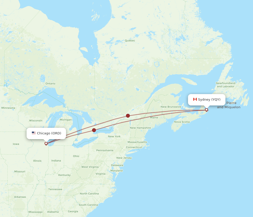 YQY to ORD flights and routes map