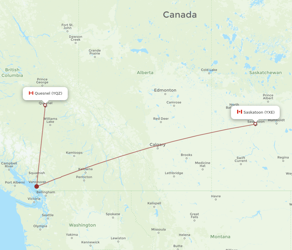 Quesnel - Saskatoon route map and flight paths