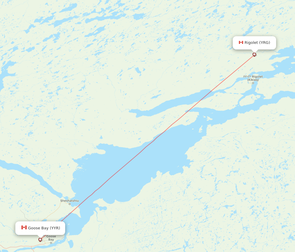 YRG to YYR flights and routes map