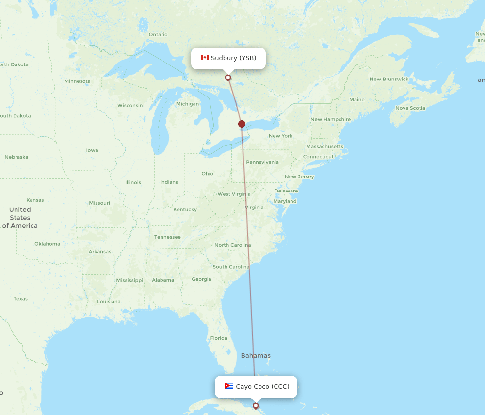 YSB to CCC flights and routes map