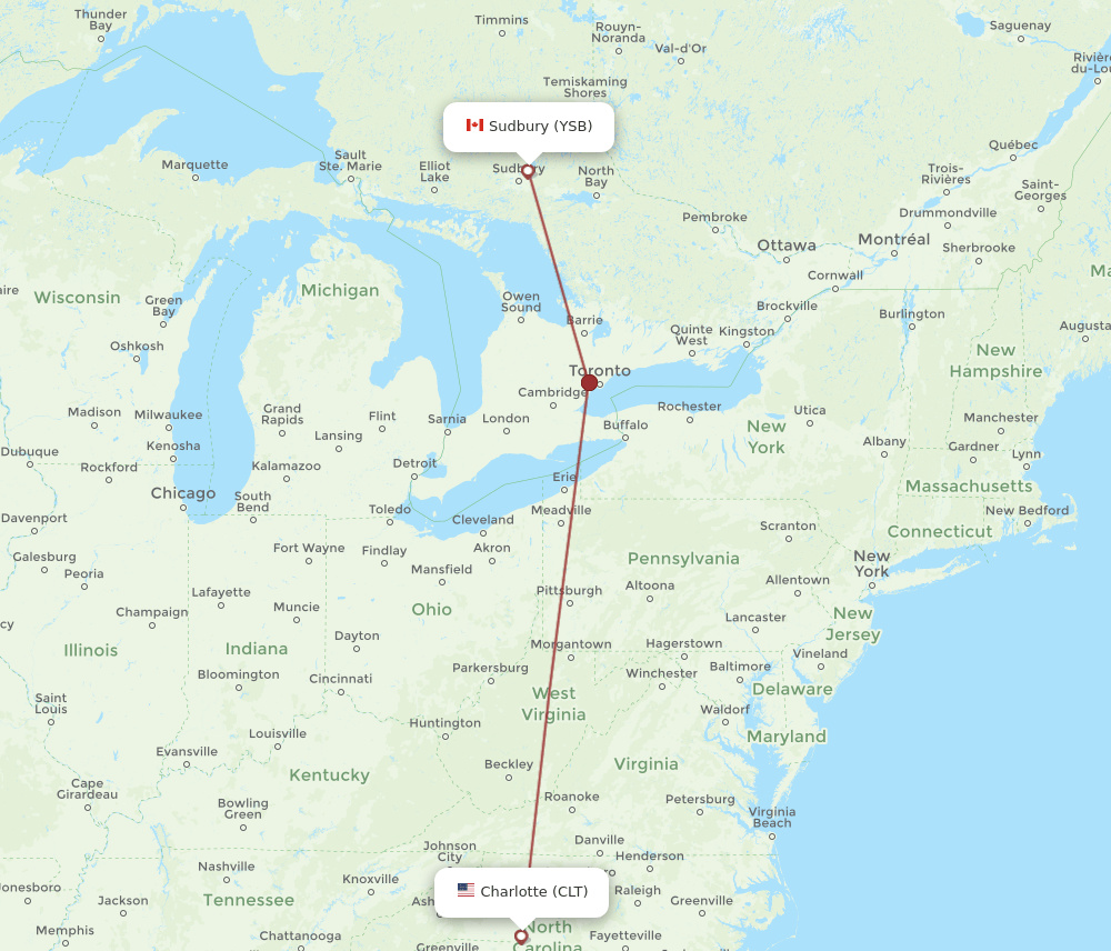 YSB to CLT flights and routes map