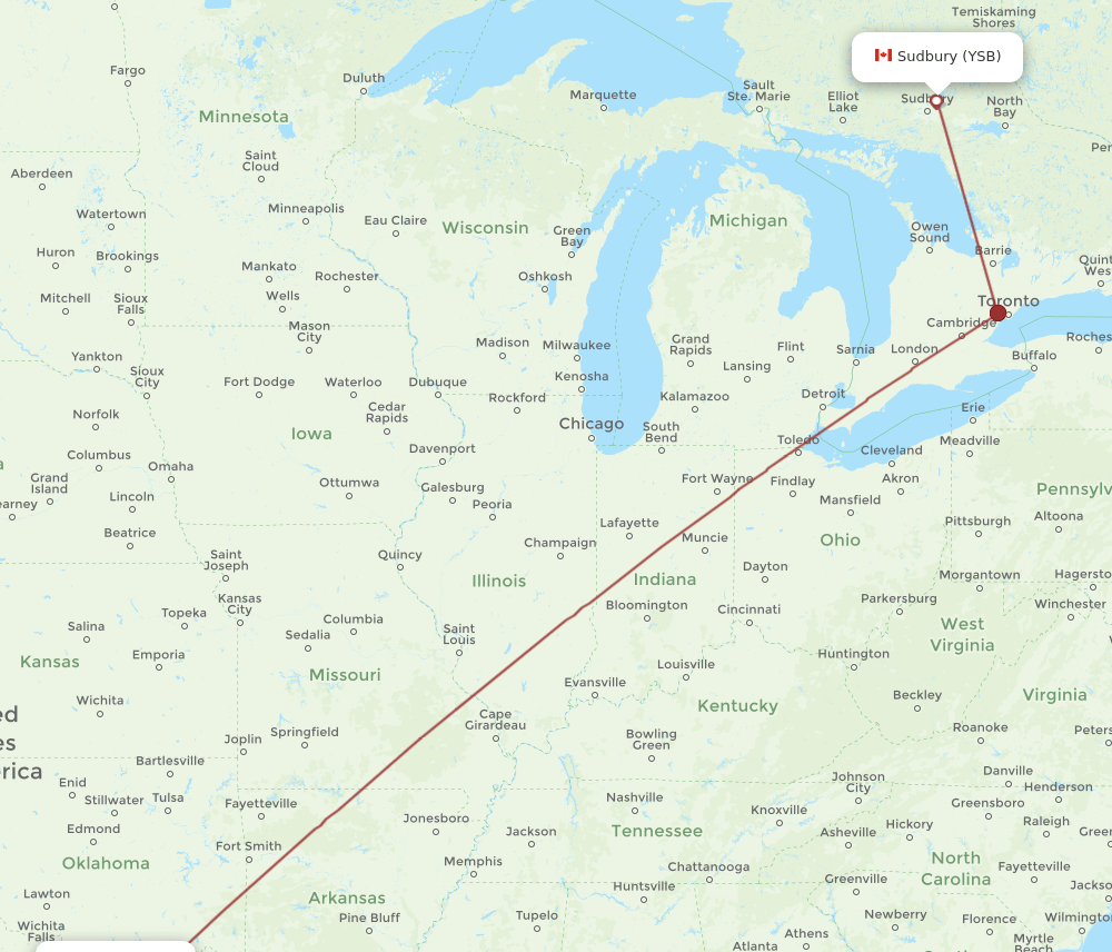 YSB-DFW flight routes
