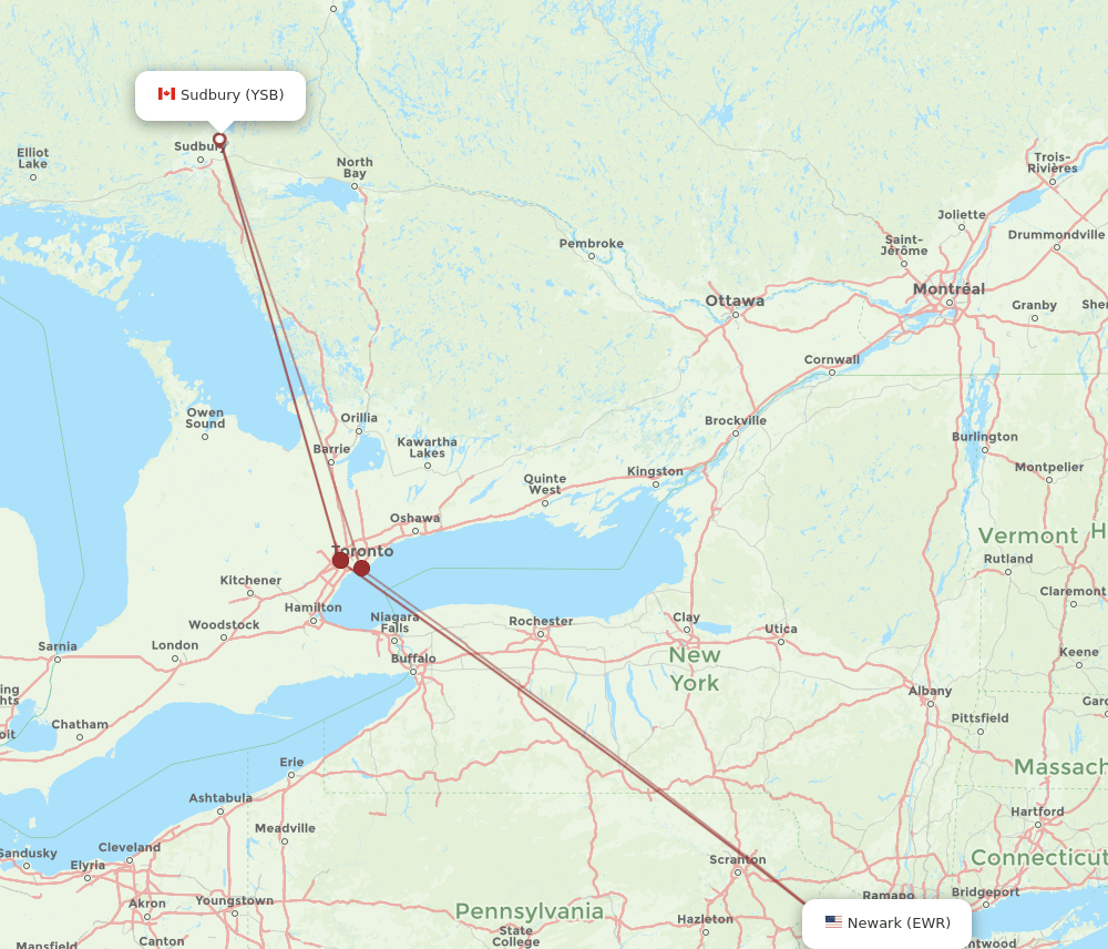 YSB-EWR flight routes