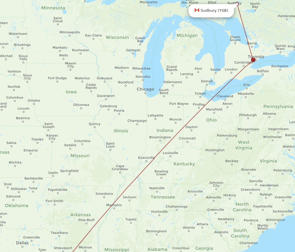 YSB to IAH flights and routes map