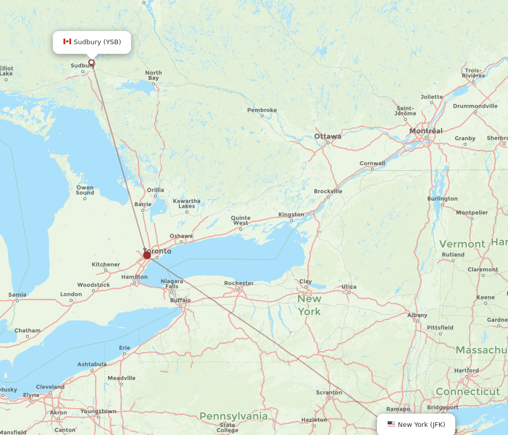 YSB to JFK flights and routes map