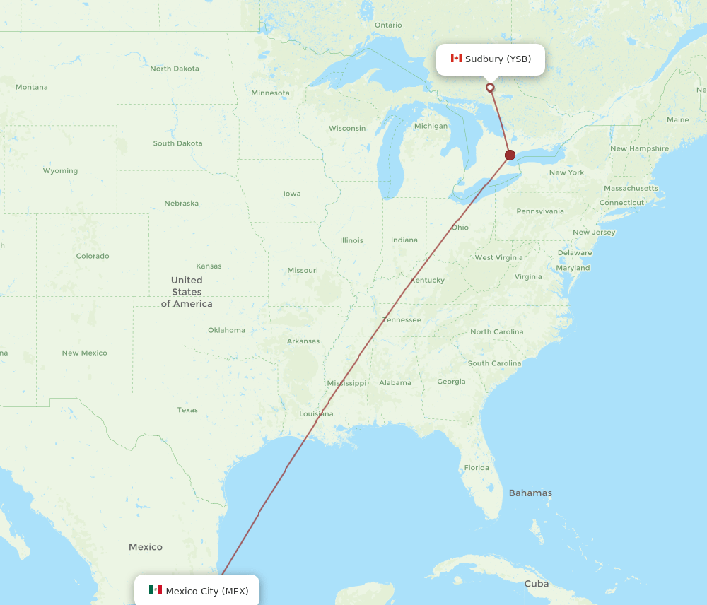 YSB to MEX flights and routes map