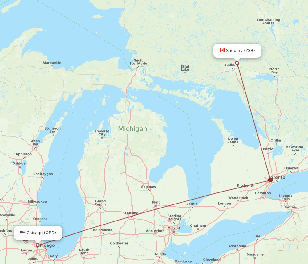 YSB to ORD flights and routes map