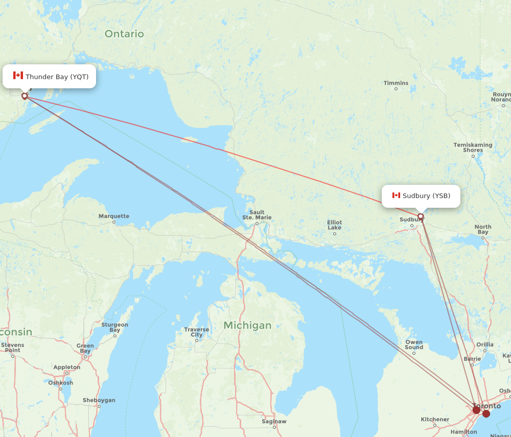 YSB to YQT flights and routes map