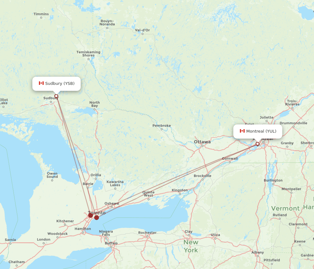 Montreal - Sudbury route map and flight paths