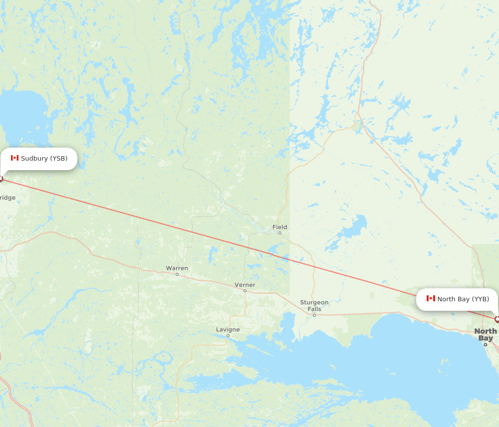 Sudbury - North Bay route map and flight paths