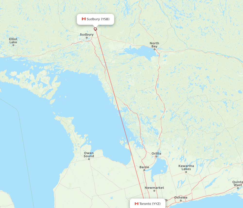 Sudbury - Toronto route map and flight paths