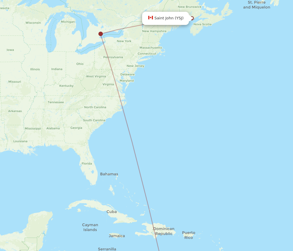 Aruba - Saint John route map and flight paths