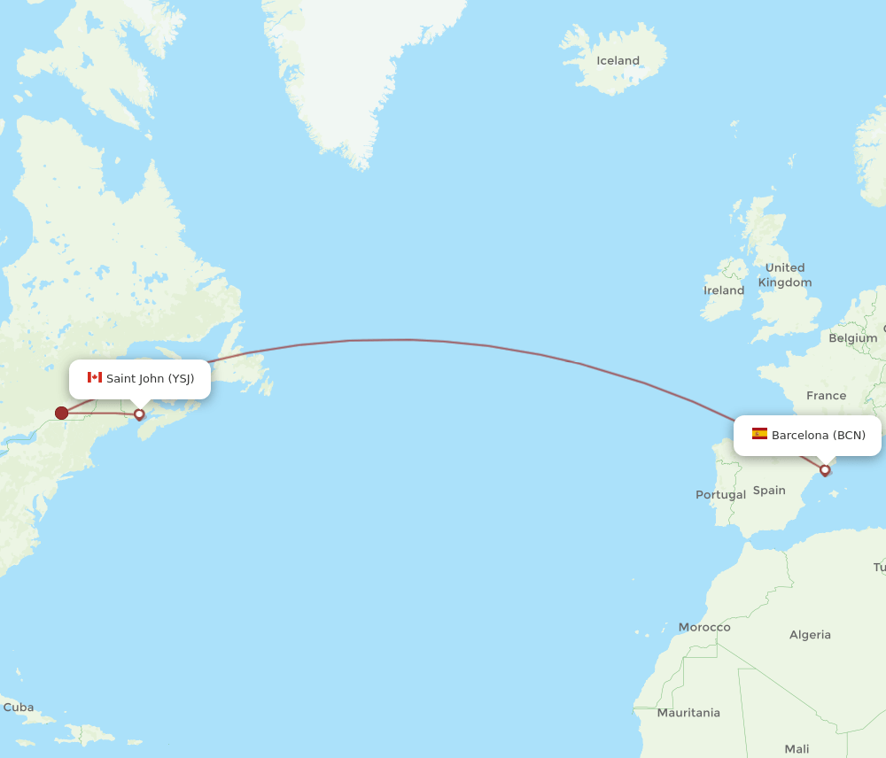 YSJ to BCN flights and routes map