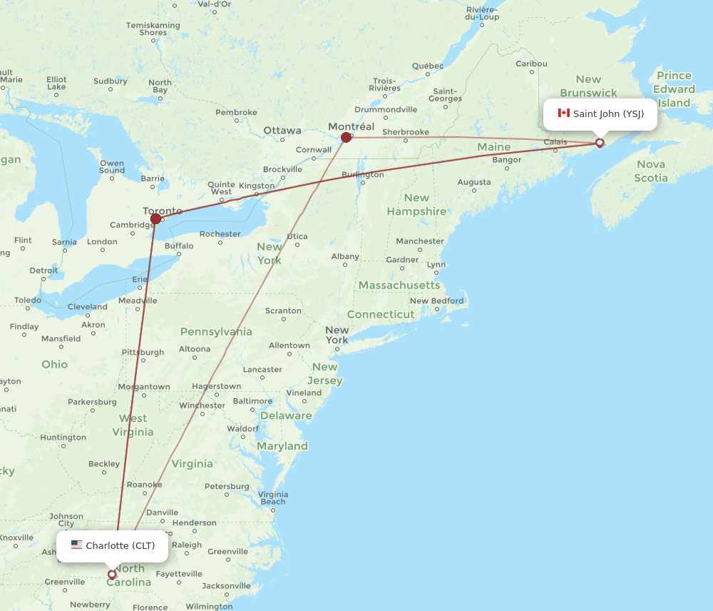 YSJ-CLT flight routes