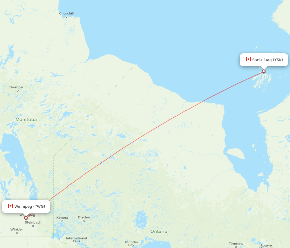 YSK to YWG flights and routes map