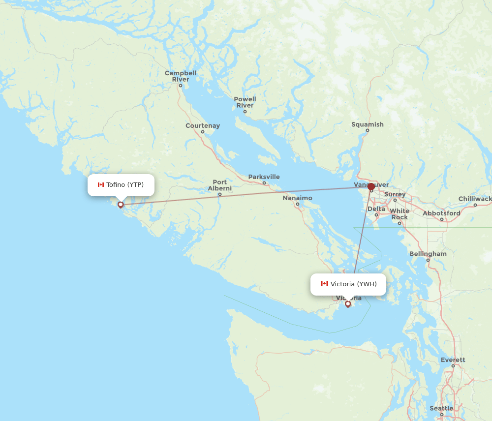 YTP to YWH flights and routes map