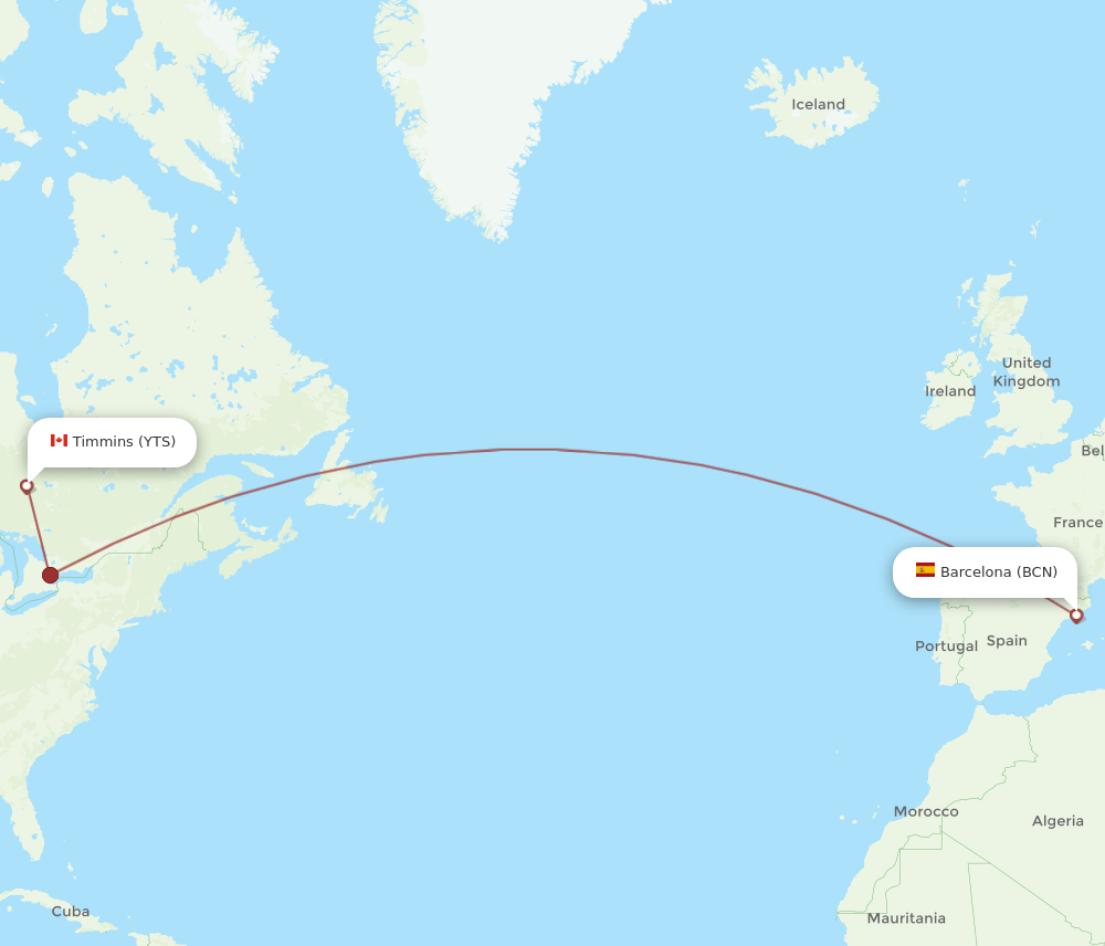 BCN to YTS flights and routes map