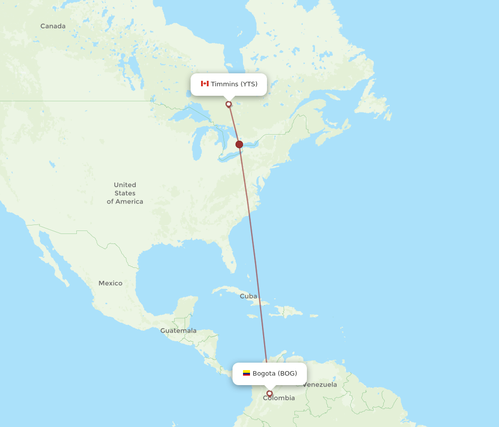 YTS to BOG flights and routes map