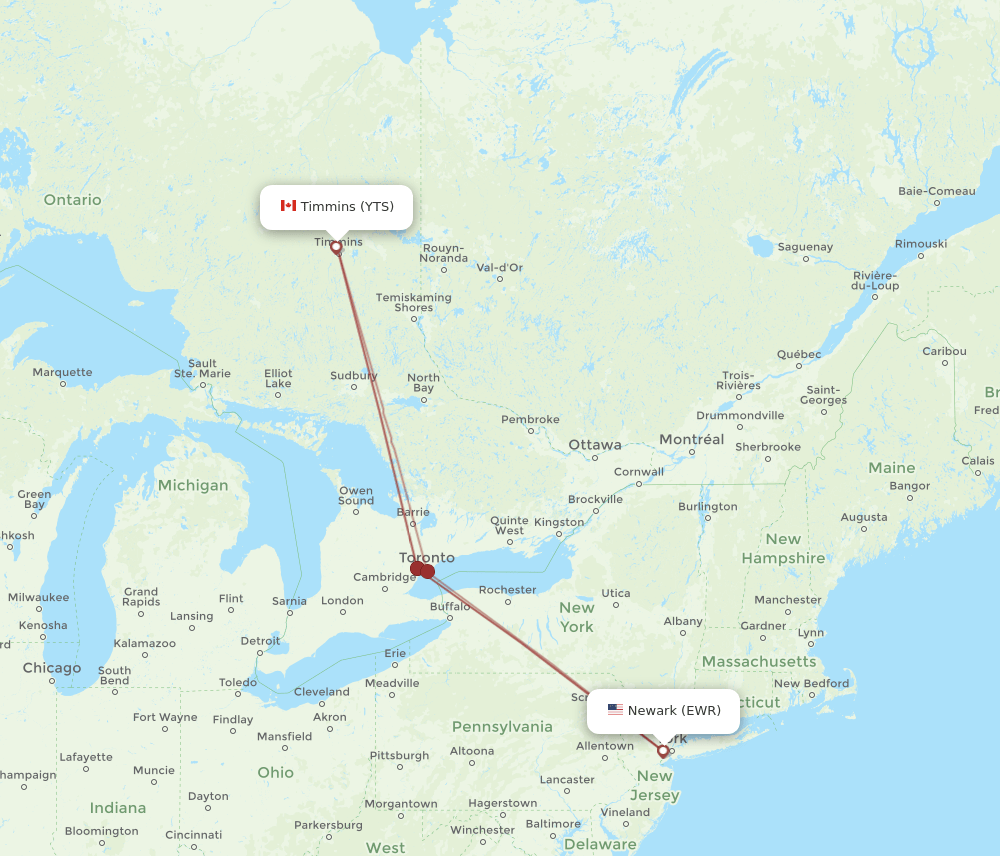 YTS-EWR flight routes