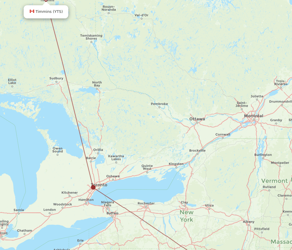 YTS to LGA flights and routes map