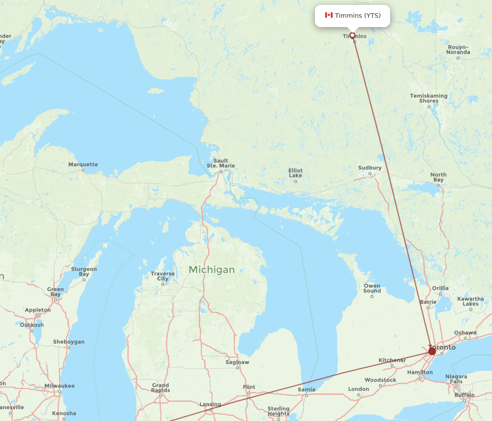 YTS to ORD flights and routes map