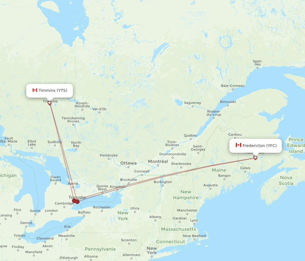 YTS to YFC flights and routes map
