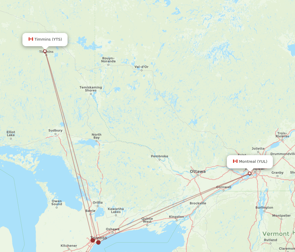 Montreal - Timmins route map and flight paths