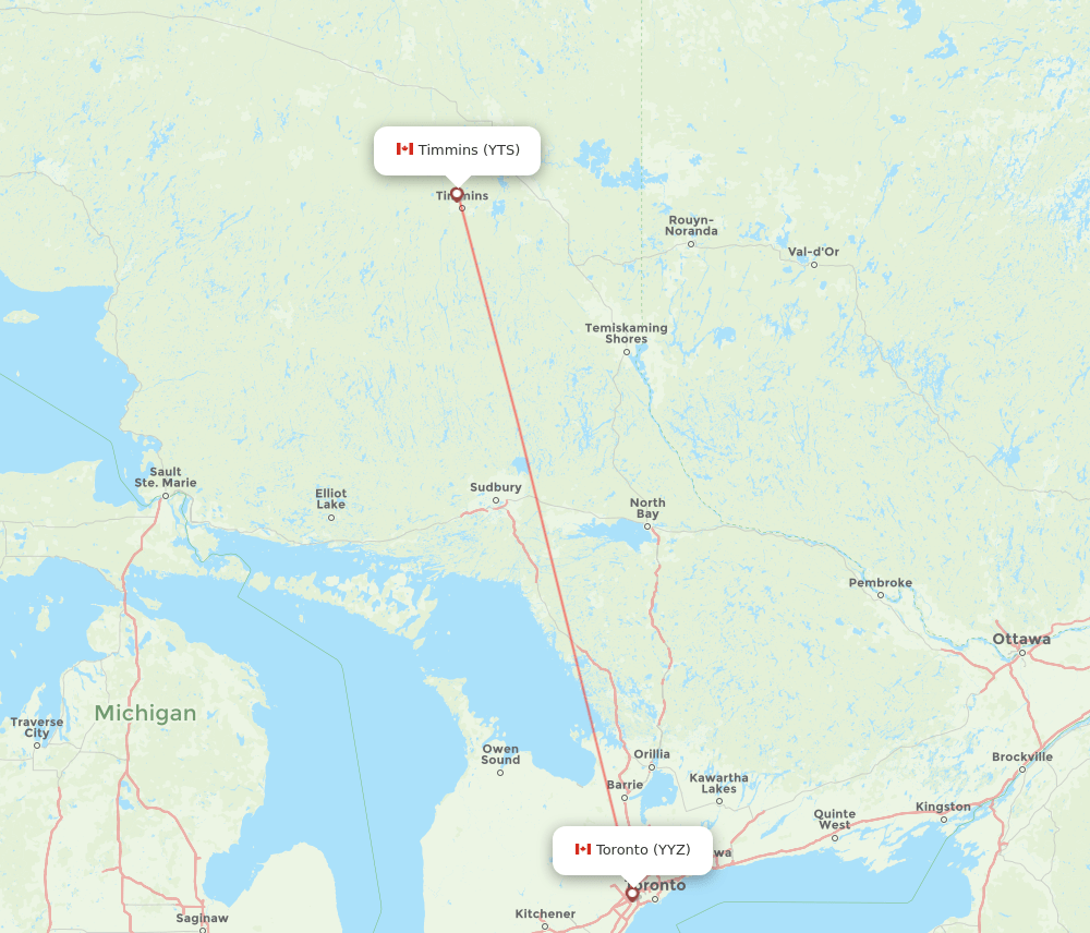 Timmins - Toronto route map and flight paths