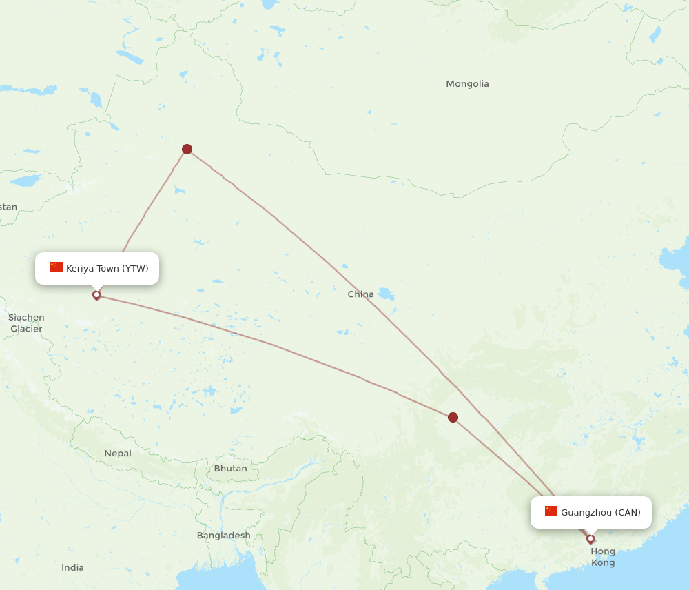 YTW to CAN flights and routes map