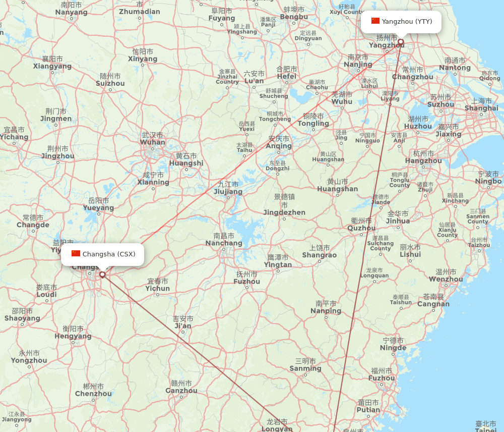 Yangzhou - Changsha route map and flight paths