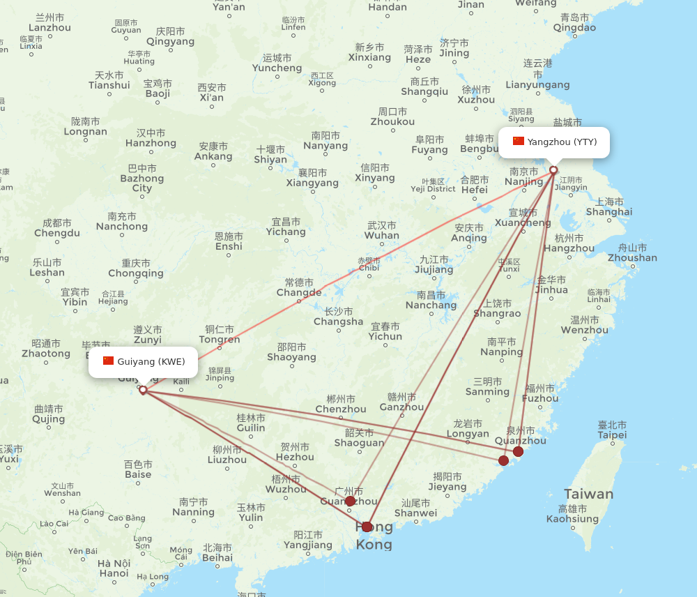 YTY to KWE flights and routes map
