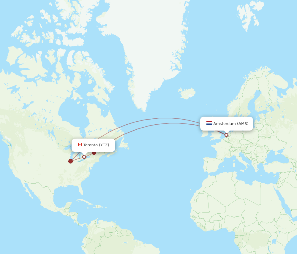 YTZ to AMS flights and routes map