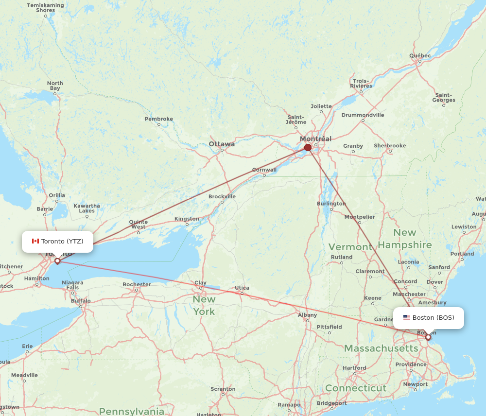 YTZ to BOS flights and routes map
