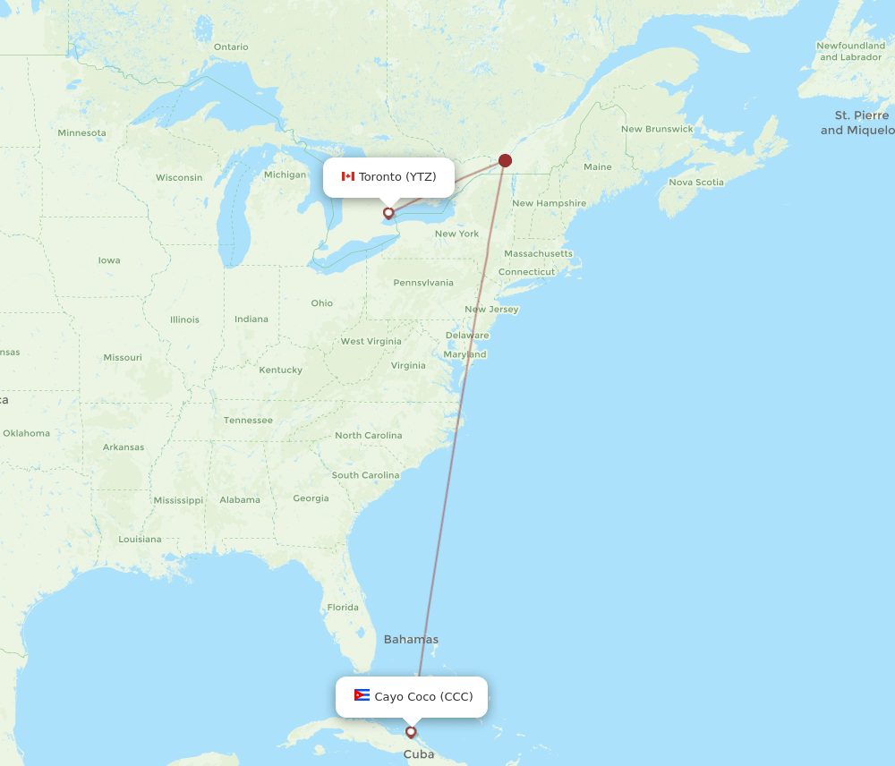 YTZ to CCC flights and routes map