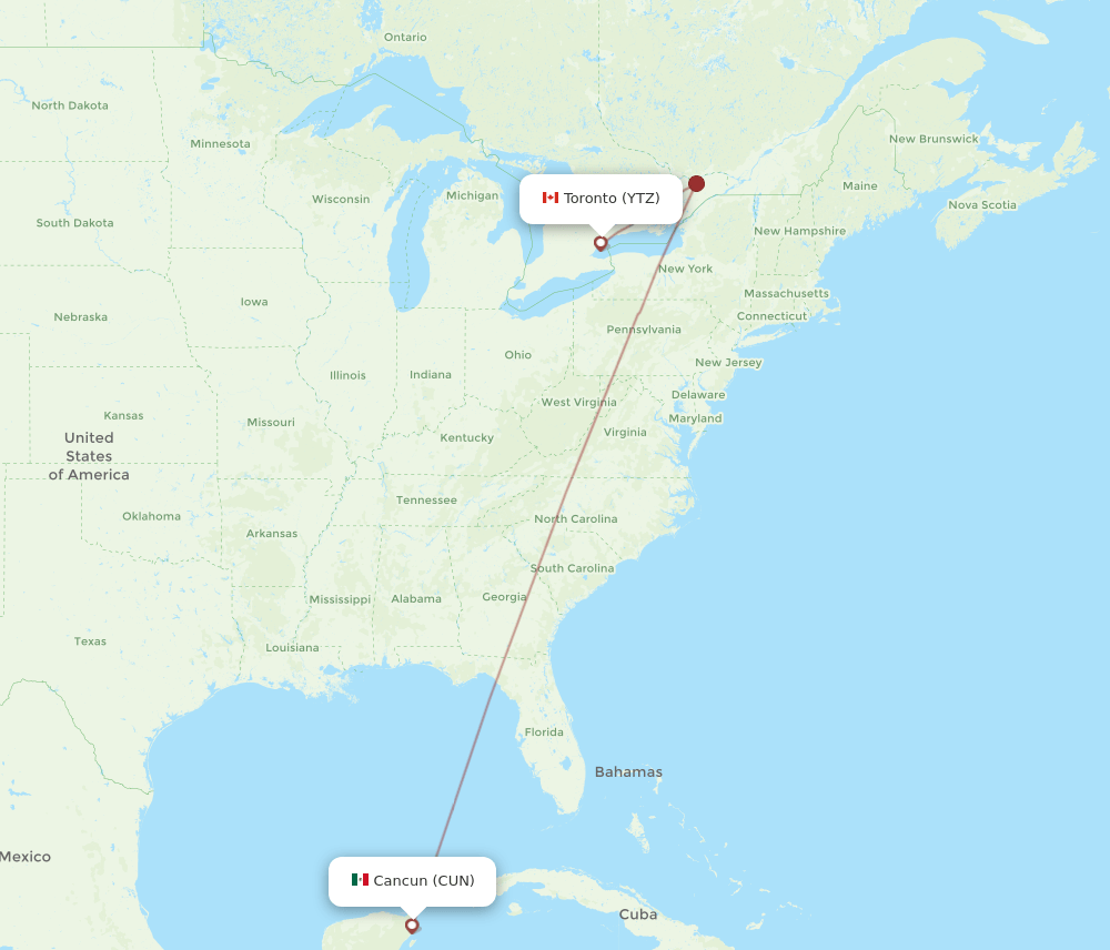 YTZ to CUN flights and routes map