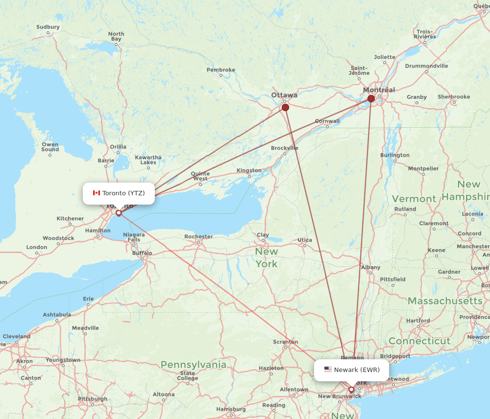 YTZ to EWR flights and routes map