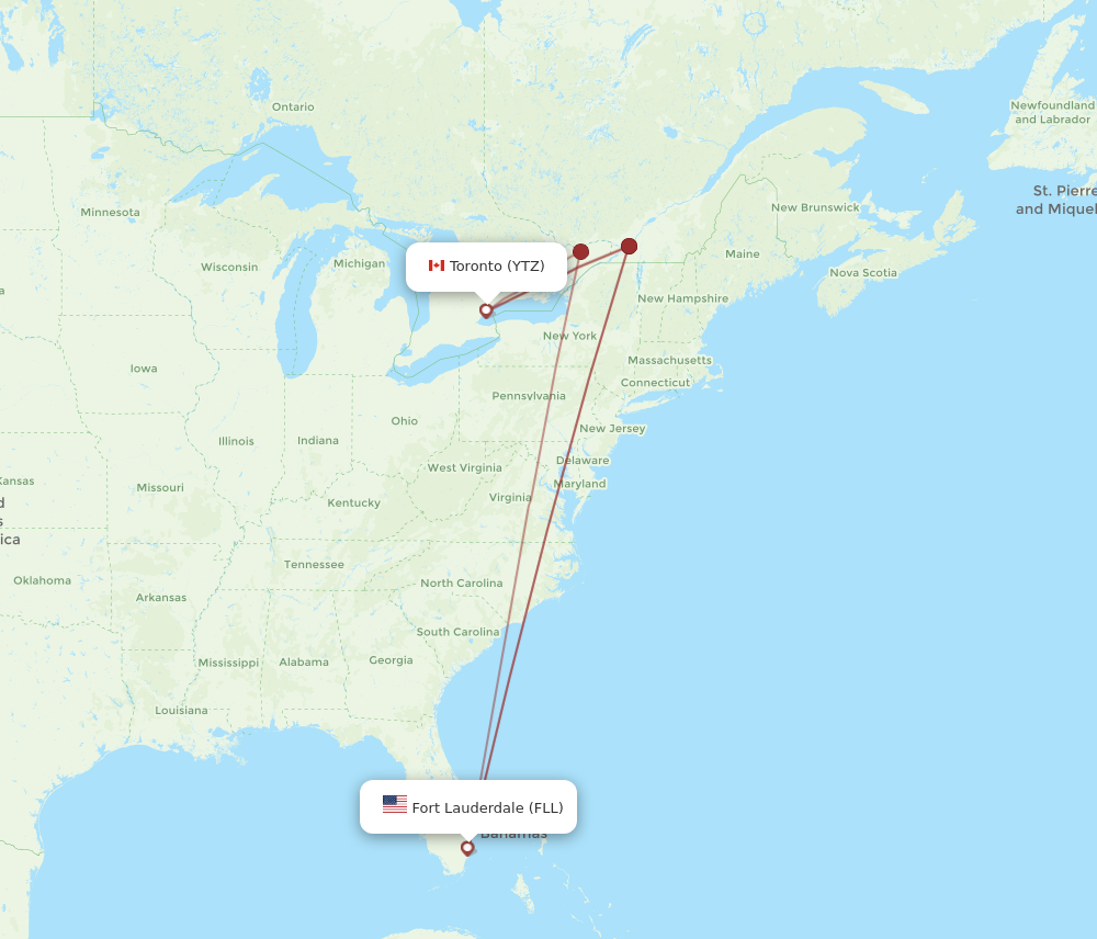 YTZ to FLL flights and routes map