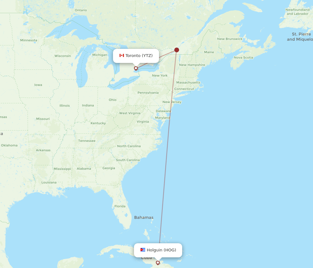 YTZ to HOG flights and routes map