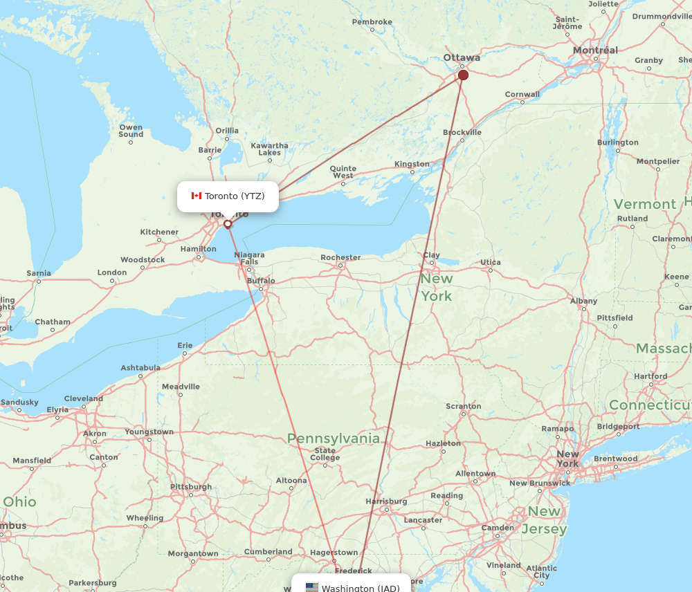 YTZ to IAD flights and routes map