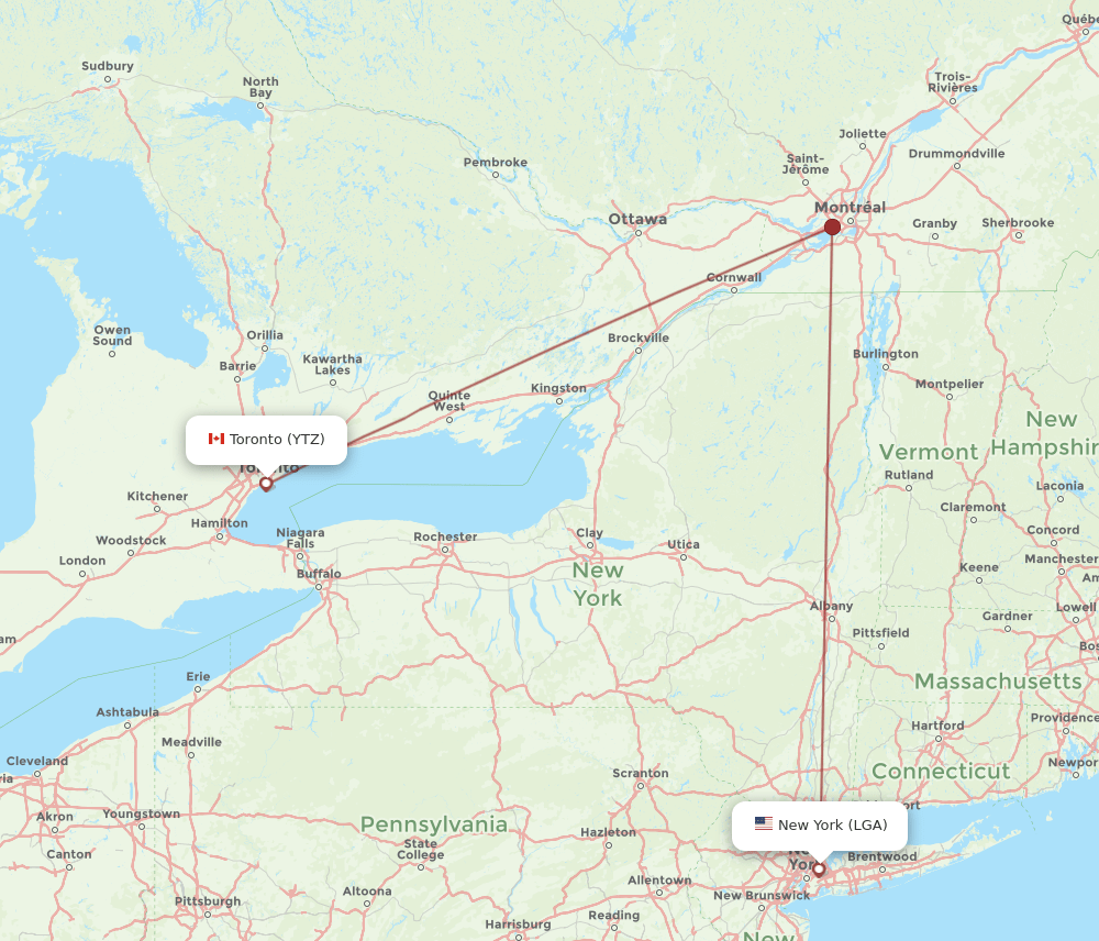 YTZ to LGA flights and routes map