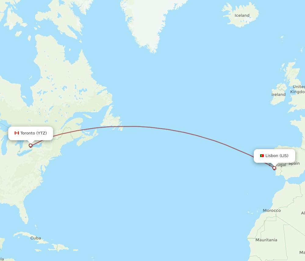 YTZ to LIS flights and routes map