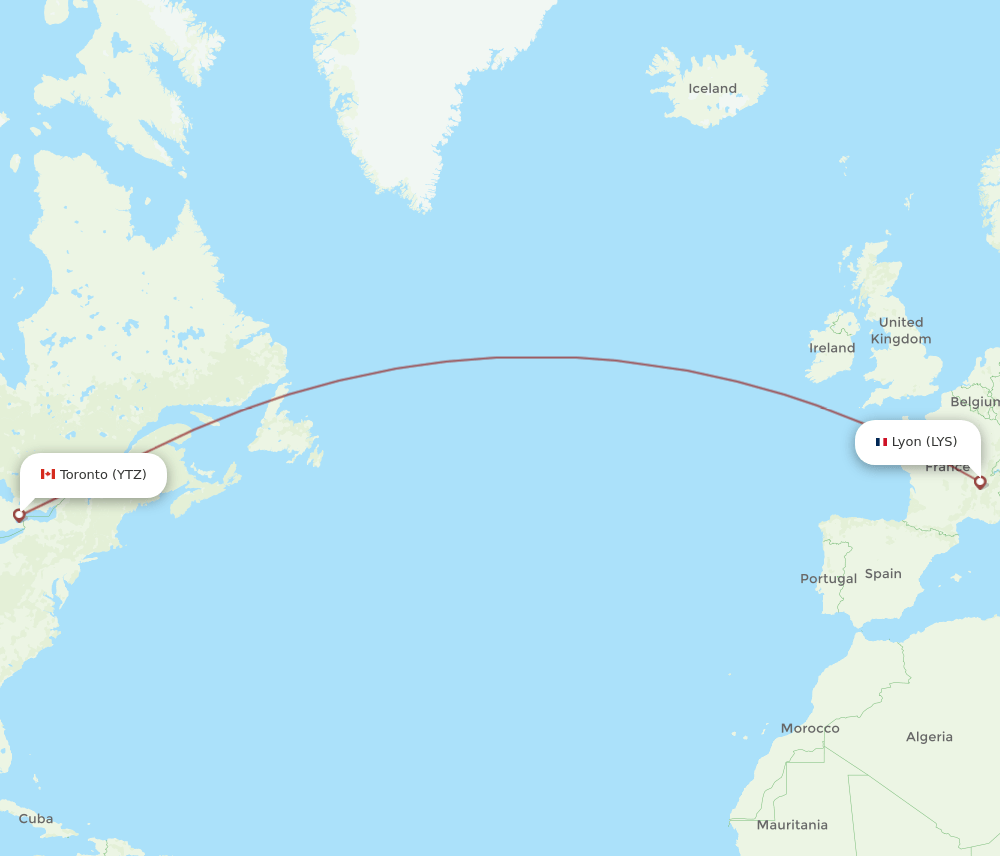 YTZ to LYS flights and routes map